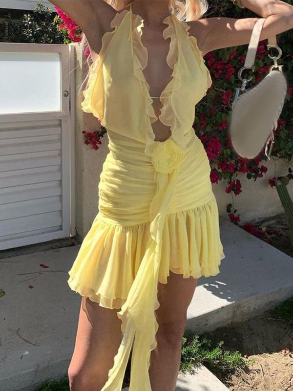 Frill Deep Neck Halter Mini Ruched Dress Frill Deep Neck Halter Mini Ruched Dress