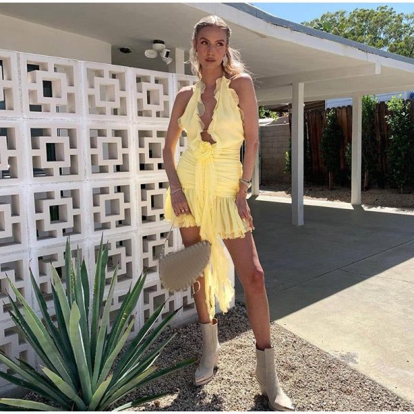 Frill Deep Neck Halter Mini Ruched Dress Frill Deep Neck Halter Mini Ruched Dress