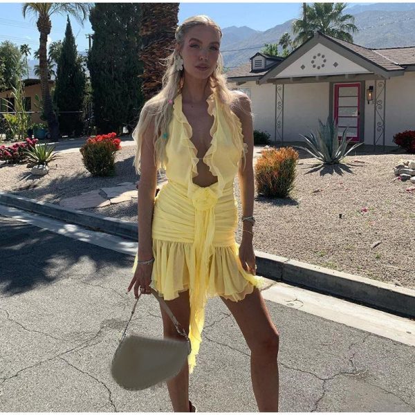 Frill Deep Neck Halter Mini Ruched Dress Frill Deep Neck Halter Mini Ruched Dress