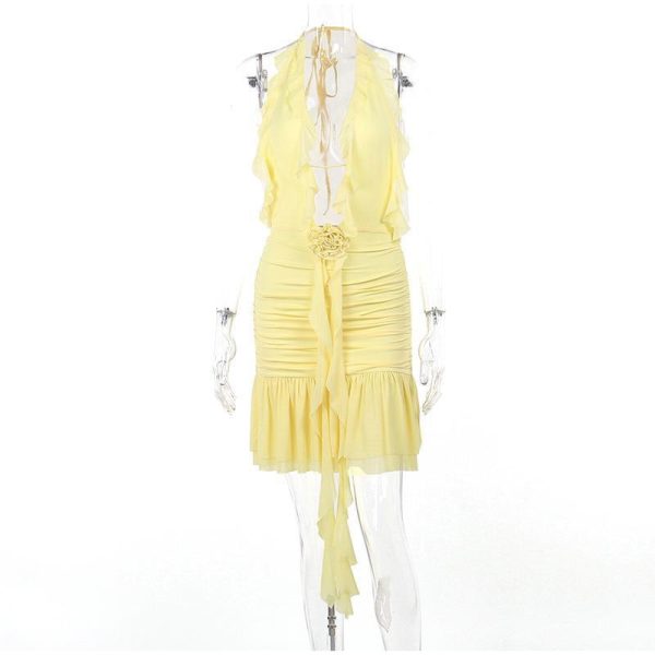 Frill Deep Neck Halter Mini Ruched Dress Frill Deep Neck Halter Mini Ruched Dress