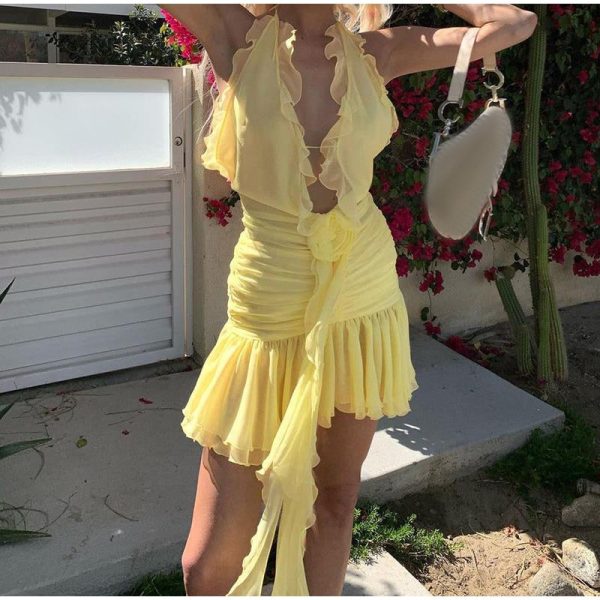 Frill Deep Neck Halter Mini Ruched Dress Frill Deep Neck Halter Mini Ruched Dress
