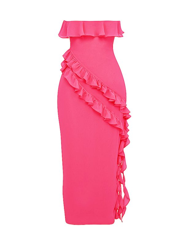 Fuchsia Strapless Ruffle Side Slit Maxi Dress Fuchsia Strapless Ruffle Side Slit Maxi Dress