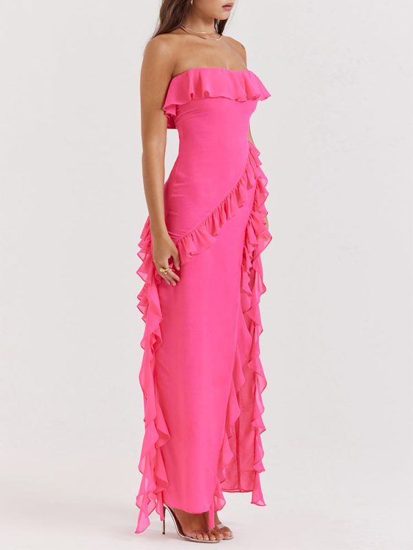 Fuchsia Strapless Ruffle Side Slit Maxi Dress Fuchsia Strapless Ruffle Side Slit Maxi Dress