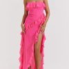 Fuchsia Strapless Ruffle Side Slit Maxi Dress Fuchsia Strapless Ruffle Side Slit Maxi Dress