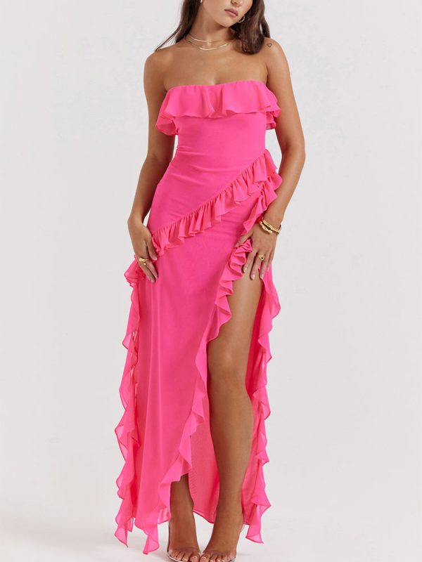 Fuchsia Strapless Ruffle Side Slit Maxi Dress Fuchsia Strapless Ruffle Side Slit Maxi Dress