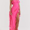 Fuchsia Strapless Ruffle Side Slit Maxi Dress Fuchsia Strapless Ruffle Side Slit Maxi Dress