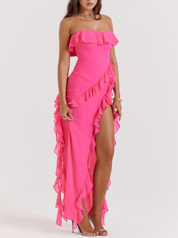 Fuchsia Strapless Ruffle Side Slit Maxi Dress Fuchsia Strapless Ruffle Side Slit Maxi Dress