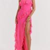 Fuchsia Strapless Ruffle Side Slit Maxi Dress Fuchsia Strapless Ruffle Side Slit Maxi Dress