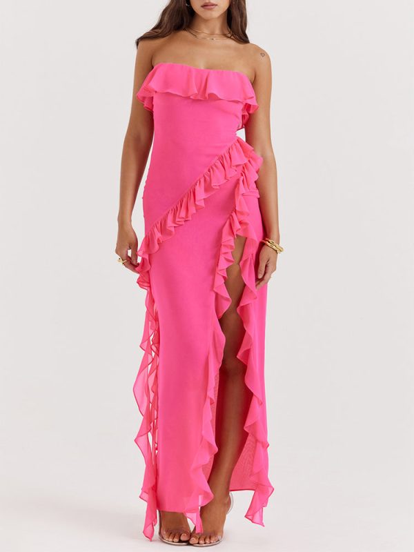 Fuchsia Strapless Ruffle Side Slit Maxi Dress Fuchsia Strapless Ruffle Side Slit Maxi Dress