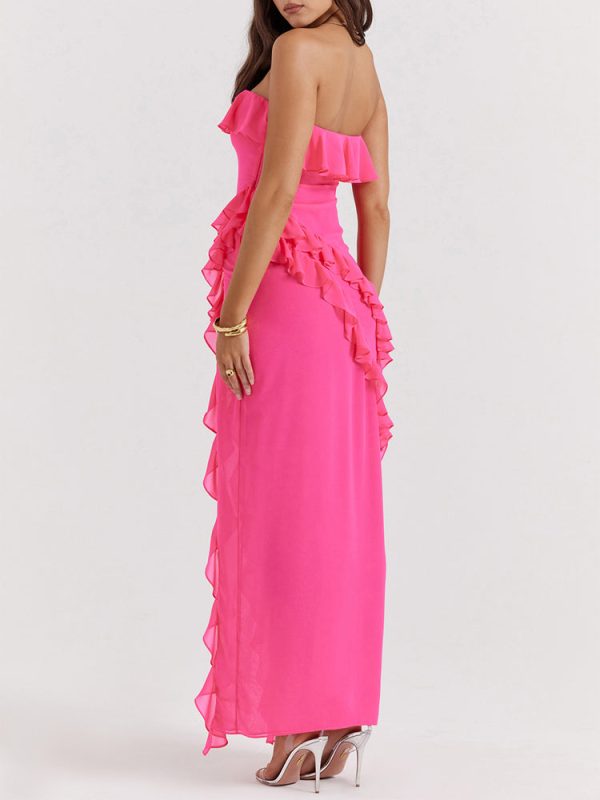 Fuchsia Strapless Ruffle Side Slit Maxi Dress Fuchsia Strapless Ruffle Side Slit Maxi Dress