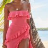Fuchsia Strapless Ruffle Side Slit Maxi Dress Fuchsia Strapless Ruffle Side Slit Maxi Dress