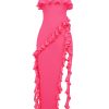 Fuchsia Strapless Ruffle Side Slit Maxi Dress Fuchsia Strapless Ruffle Side Slit Maxi Dress