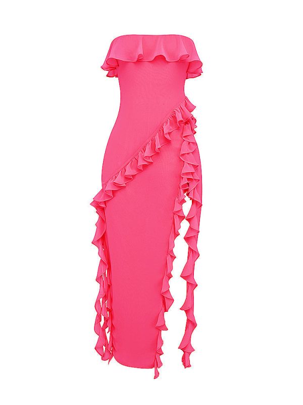 Fuchsia Strapless Ruffle Side Slit Maxi Dress Fuchsia Strapless Ruffle Side Slit Maxi Dress