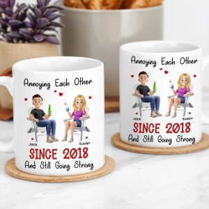 Funny Couple Mug Custom Anniversary Gift for Husband or Wife with Coffee Illustration
