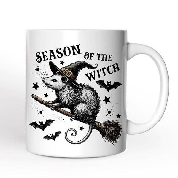 Funny Opossum Witch with Broom Personalized Mug, Vintage Halloween Gift with Custom Name