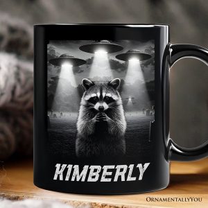 Funny Raccoon UFO Personalized Mug, Unisex Black Gift with Custom Name