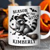 Funny Racoon Witch with Broom Personalized Mug, Vintage Halloween Gift with Custom Name Funny Racoon Witch with Broom Personalized Mug, Vintage Halloween Gift with Custom Name
