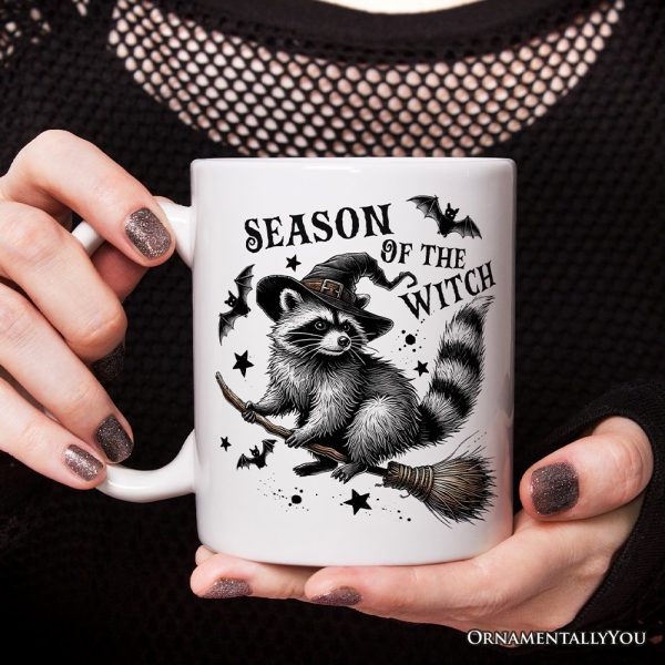 Funny Racoon Witch with Broom Personalized Mug, Vintage Halloween Gift with Custom Name Funny Racoon Witch with Broom Personalized Mug, Vintage Halloween Gift with Custom Name
