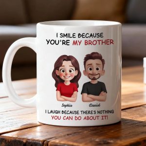 Funny Sibling White Ceramic Mug Personalized Brother & Sister Cartoon, Playful Quote, Creative Gift for Coworker or Family