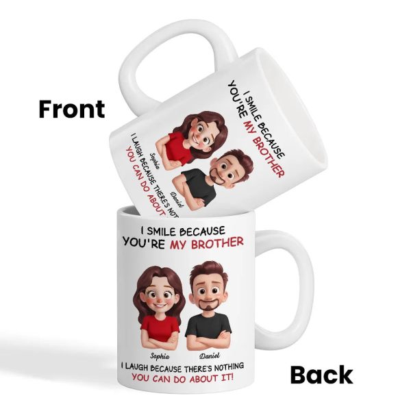 Funny Sibling White Ceramic Mug Personalized Brother & Sister Cartoon, Playful Quote, Creative Gift for Coworker or Family
