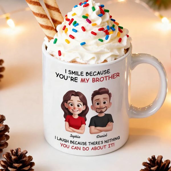 Funny Sibling White Ceramic Mug Personalized Brother & Sister Cartoon, Playful Quote, Creative Gift for Coworker or Family
