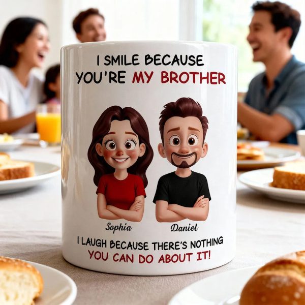 Funny Sibling White Ceramic Mug Personalized Brother & Sister Cartoon, Playful Quote, Creative Gift for Coworker or Family