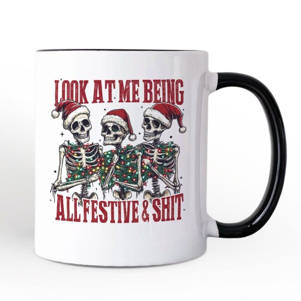 Funny Skeletons in Santa Hat Christmas Personalized Mug, Look At Me Being All Festive Gift with Custom Name Funny Skeletons in Santa Hat Christmas Personalized Mug, Look At Me Being All Festive Gift with Custom Name