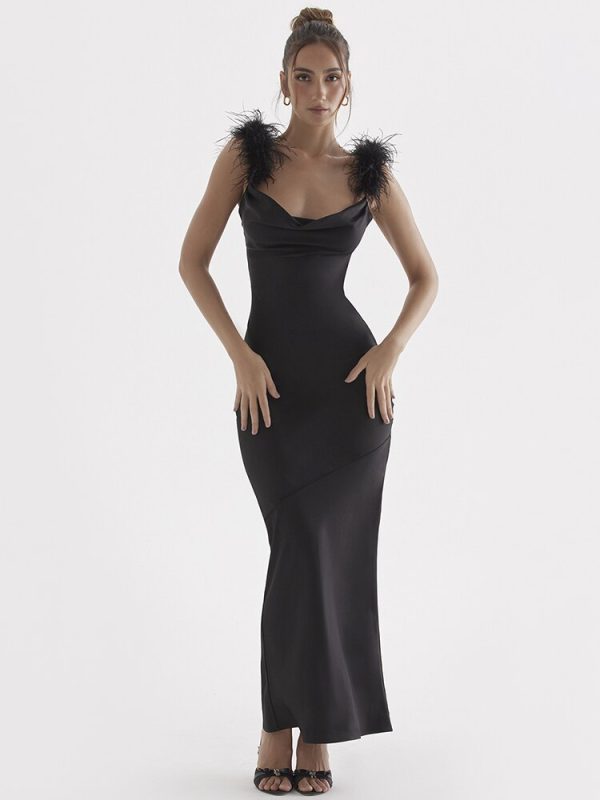 Fur Strap Black Satin Maxi Slip Dress Fur Strap Black Satin Maxi Slip Dress