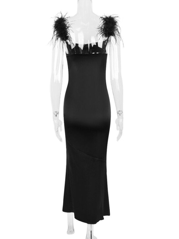 Fur Strap Black Satin Maxi Slip Dress Fur Strap Black Satin Maxi Slip Dress