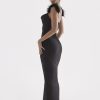 Fur Strap Black Satin Maxi Slip Dress Fur Strap Black Satin Maxi Slip Dress