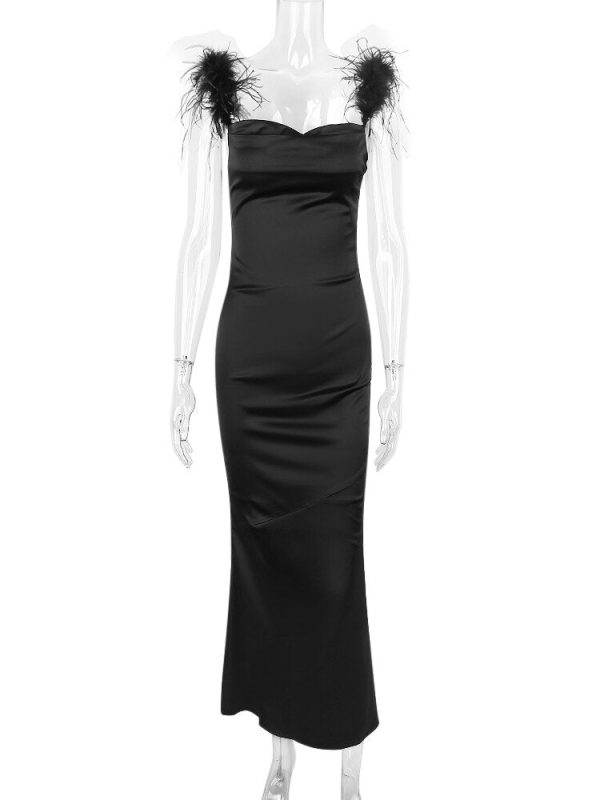 Fur Strap Black Satin Maxi Slip Dress Fur Strap Black Satin Maxi Slip Dress