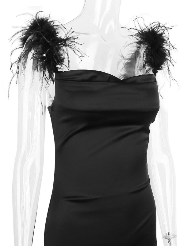Fur Strap Black Satin Maxi Slip Dress Fur Strap Black Satin Maxi Slip Dress