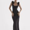 Fur Strap Black Satin Maxi Slip Dress Fur Strap Black Satin Maxi Slip Dress