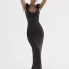 Fur Strap Black Satin Maxi Slip Dress Fur Strap Black Satin Maxi Slip Dress