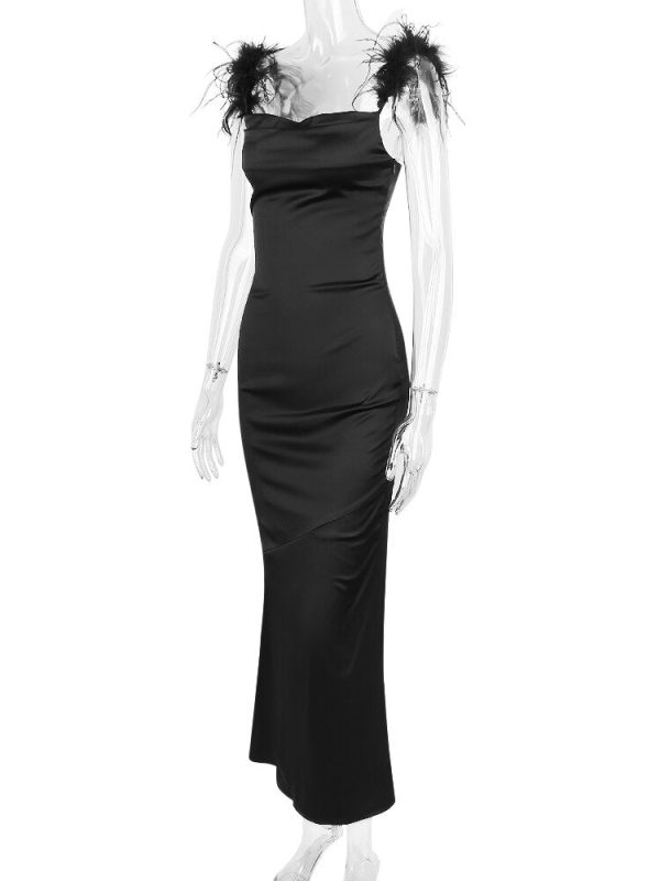 Fur Strap Black Satin Maxi Slip Dress Fur Strap Black Satin Maxi Slip Dress