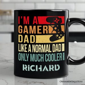 Gamer Dad Controller Personalized Mug, Black Funny Gift for Cool Fathers with Custom Name
