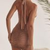 Gathered Plunge Neck Halter Backless Mini Dress