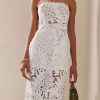 Glamorous Leaf Laser Cut Strapless Bandage Cocktail Midi Dress - White Glamorous Leaf Laser Cut Strapless Bandage Cocktail Midi Dress - White