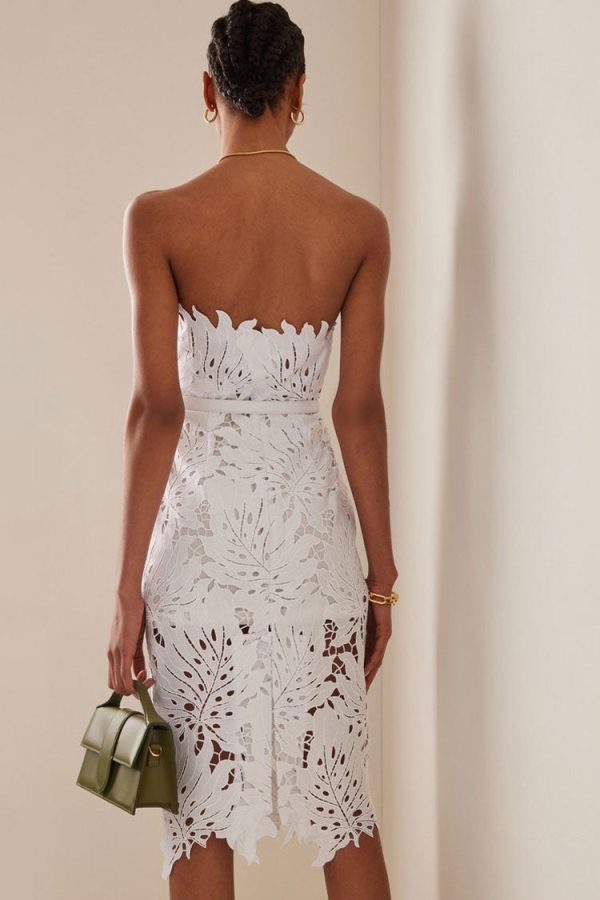 Glamorous Leaf Laser Cut Strapless Bandage Cocktail Midi Dress - White Glamorous Leaf Laser Cut Strapless Bandage Cocktail Midi Dress - White