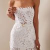 Glamorous Leaf Laser Cut Strapless Bandage Cocktail Midi Dress - White Glamorous Leaf Laser Cut Strapless Bandage Cocktail Midi Dress - White