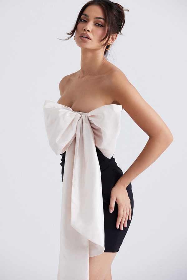 Glamorous Oversized Bow Trim Two Tone Satin Pleated Strapless Mini Dress - Black Glamorous Oversized Bow Trim Two Tone Satin Pleated Strapless Mini Dress - Black