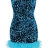 Glamorus Feather Trim Strapless Velvet Sequin Party Mini Dress - Blue Glamorus Feather Trim Strapless Velvet Sequin Party Mini Dress - Blue