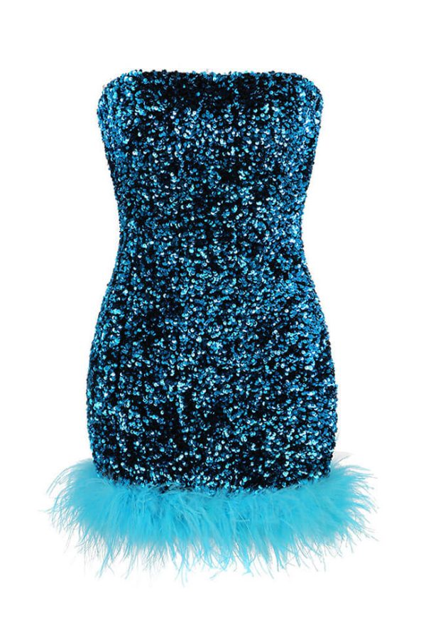 Glamorus Feather Trim Strapless Velvet Sequin Party Mini Dress - Blue Glamorus Feather Trim Strapless Velvet Sequin Party Mini Dress - Blue