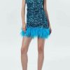 Glamorus Feather Trim Strapless Velvet Sequin Party Mini Dress - Blue Glamorus Feather Trim Strapless Velvet Sequin Party Mini Dress - Blue