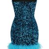 Glamorus Feather Trim Strapless Velvet Sequin Party Mini Dress - Blue Glamorus Feather Trim Strapless Velvet Sequin Party Mini Dress - Blue