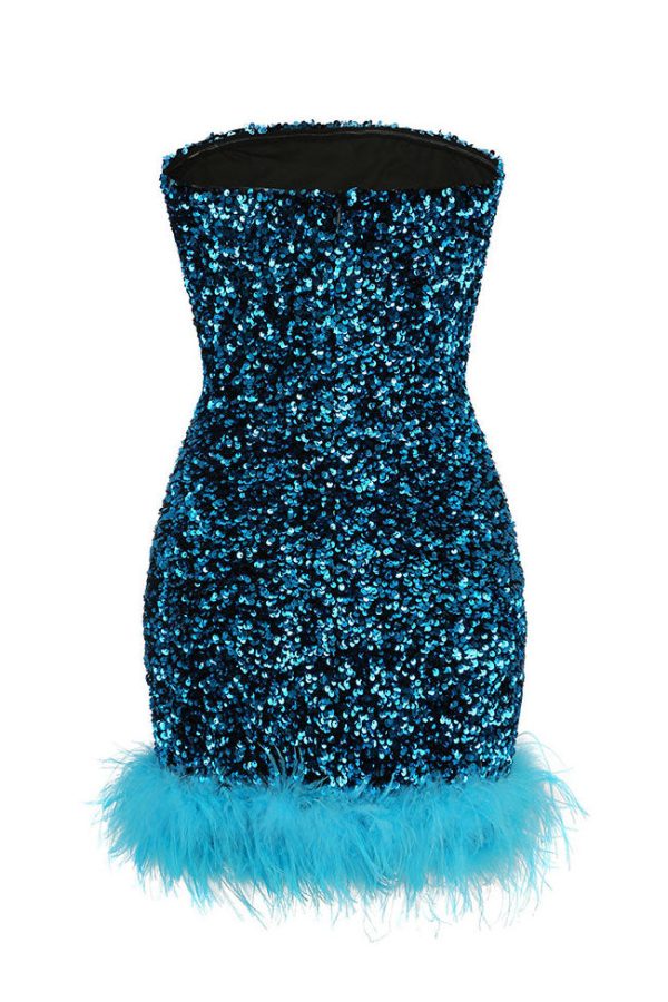 Glamorus Feather Trim Strapless Velvet Sequin Party Mini Dress - Blue Glamorus Feather Trim Strapless Velvet Sequin Party Mini Dress - Blue