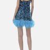 Glamorus Feather Trim Strapless Velvet Sequin Party Mini Dress - Blue Glamorus Feather Trim Strapless Velvet Sequin Party Mini Dress - Blue