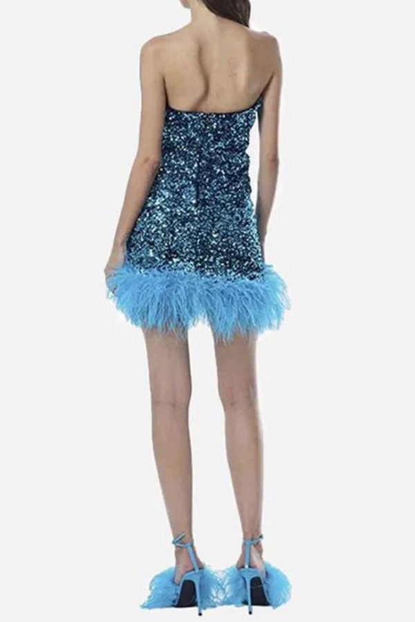 Glamorus Feather Trim Strapless Velvet Sequin Party Mini Dress - Blue Glamorus Feather Trim Strapless Velvet Sequin Party Mini Dress - Blue