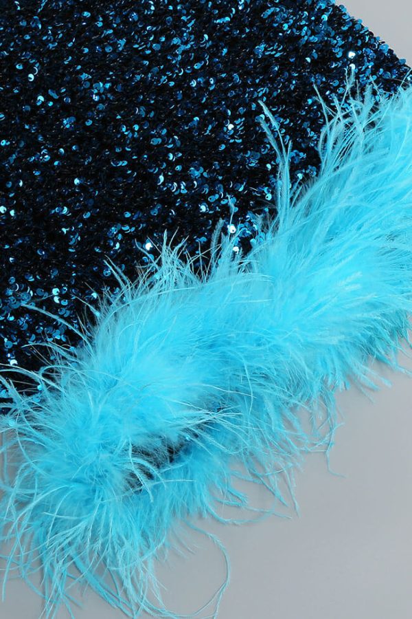 Glamorus Feather Trim Strapless Velvet Sequin Party Mini Dress - Blue Glamorus Feather Trim Strapless Velvet Sequin Party Mini Dress - Blue