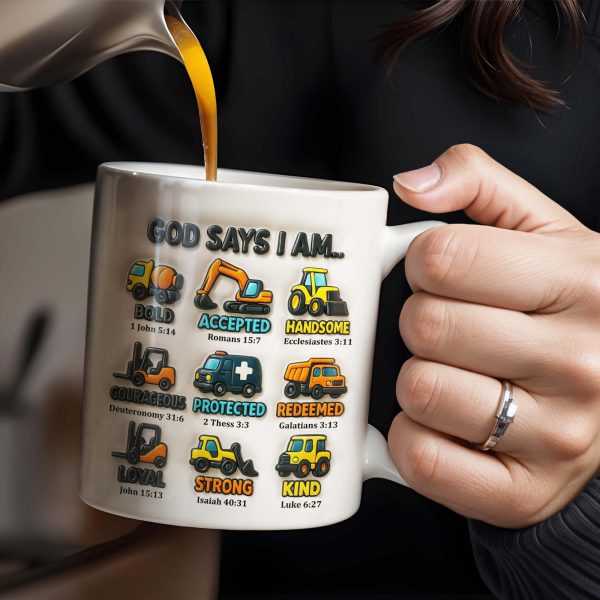 God Says I Am Bold, Accepted, Handsome, Strong, Kind, Construction Vehicles - Personalized Custom Coffee Mug - KID074_MG